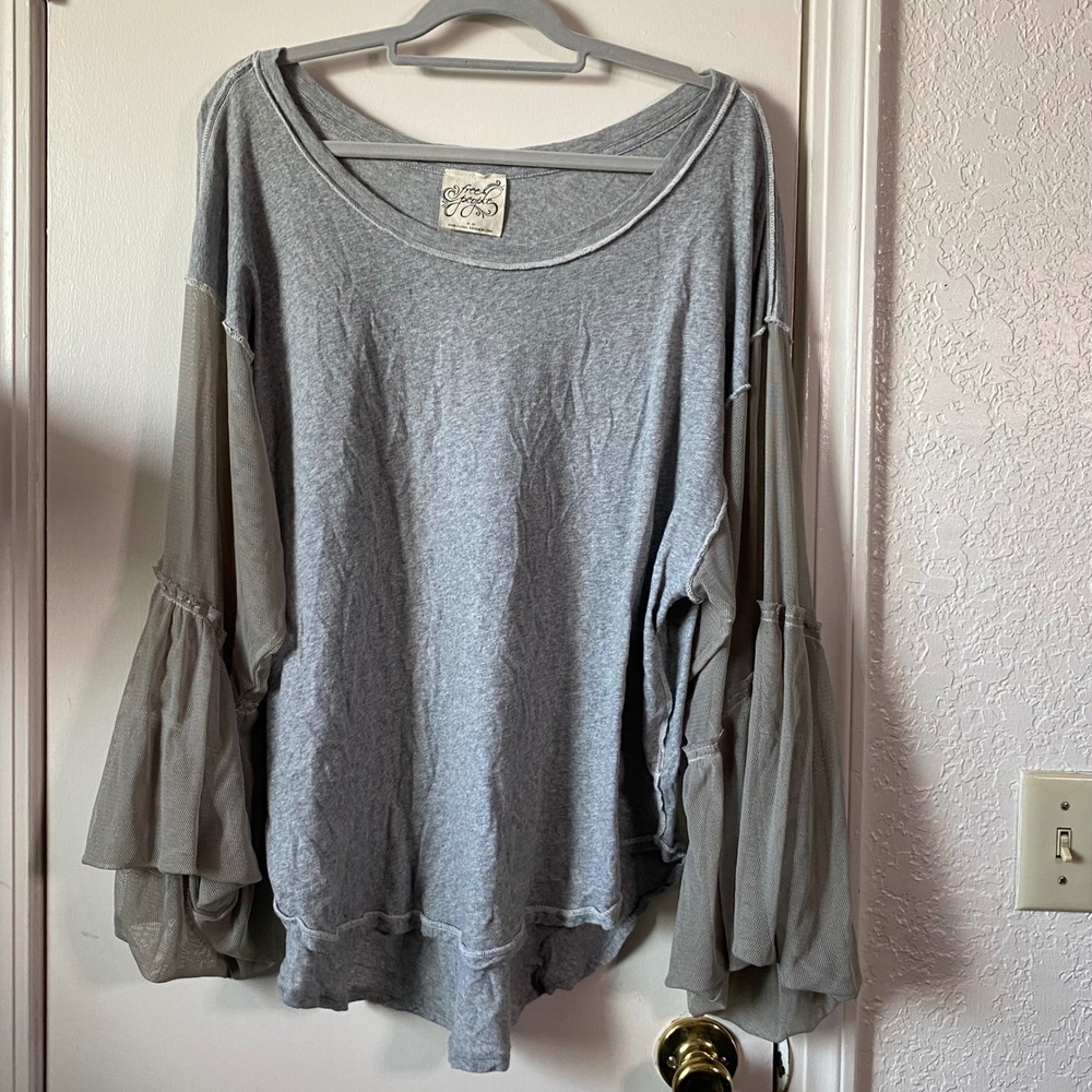 Free People Grey Mesh Bell Sleeve Ruffle Top Oversized Scoop Neck Tee Medium